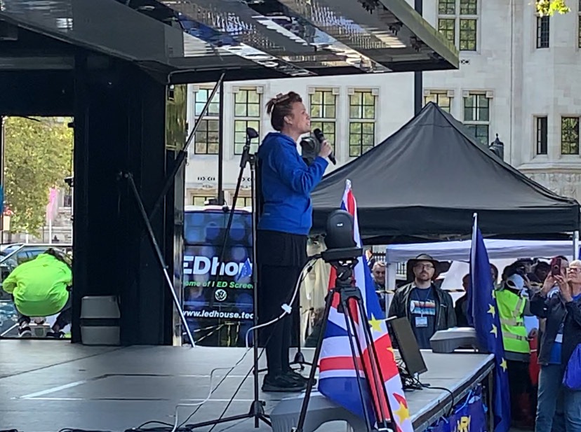 IMAGE: Terry Reintke MEP speaking to crowds in Parliament Square, Westminster.